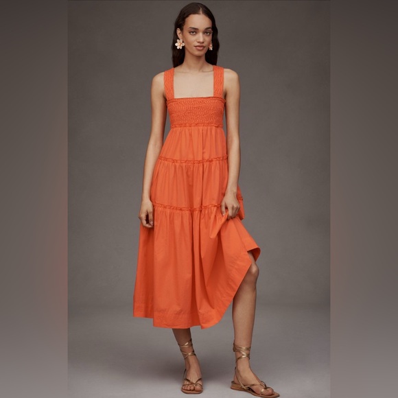 NWT! Anthropologie Hot Lava The Helena Square-Neck Smocked Tiered Midi Dress
